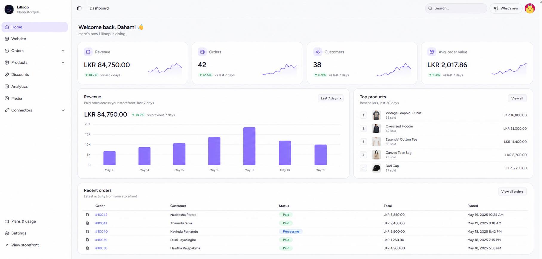 Storzy merchant dashboard showing recent orders, revenue, inventory and a live storefront preview