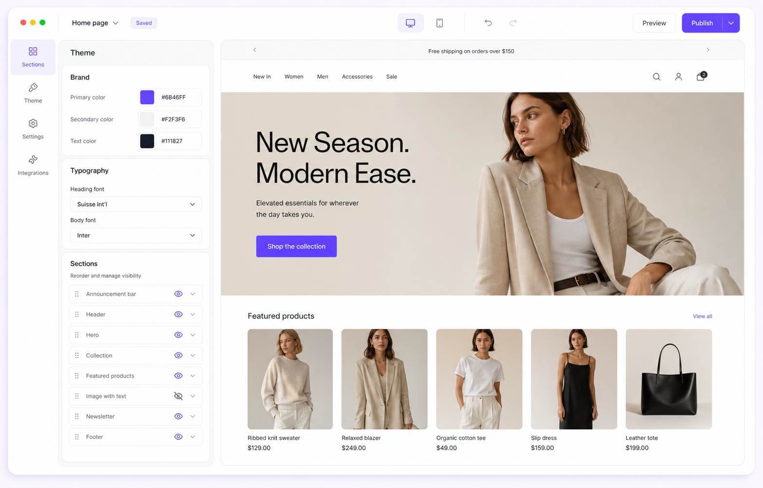 Storzy visual storefront editor showing brand and section controls
